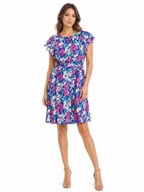 Calvin Klein Blue Floral Flutter Sleeve Dress Tie Waist – Size 12 EUC